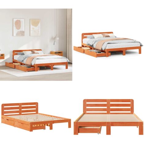 Cama sin colchón madera maciza de pino marrón cera 120x200 cm - Cama de madera - Cama de pino