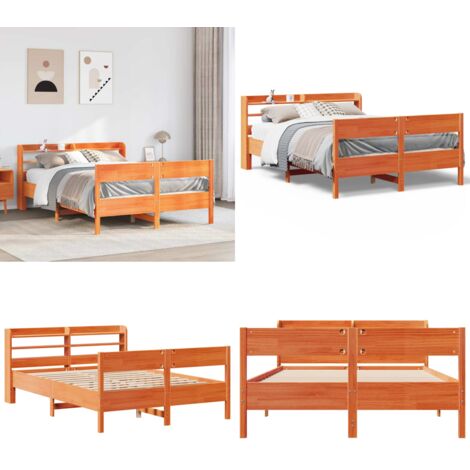 Cama sin colchón madera maciza de pino marrón cera 140x190 cm - Cama de madera - Cama de pino