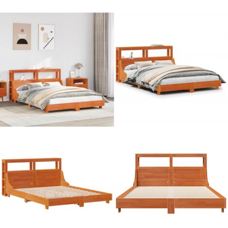 Cama sin colchón madera maciza de pino marrón cera 140x190 cm - Cama de madera - Cama de pino