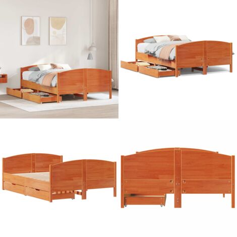 Cama sin colchón madera maciza de pino marrón cera 140x190 cm - Cama de madera - Cama de pino
