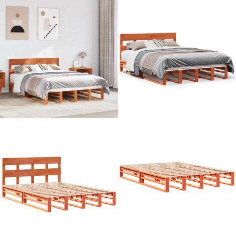 Cama sin colchón madera maciza de pino marrón cera 140x190 cm - Cama de madera - Cama de pino