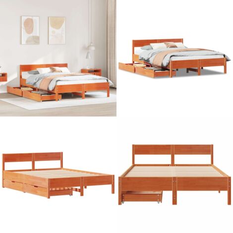 Cama sin colchón madera maciza de pino marrón cera 140x190 cm - Cama de madera - Cama de pino