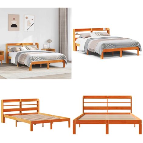 Cama sin colchón madera maciza de pino marrón cera 140x190 cm - Cama de madera - Cama de pino