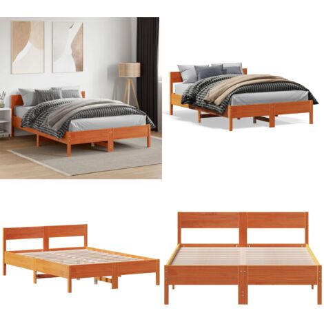 Cama sin colchón madera maciza de pino marrón cera 140x190 cm - Cama sin colchón - Madera maciza