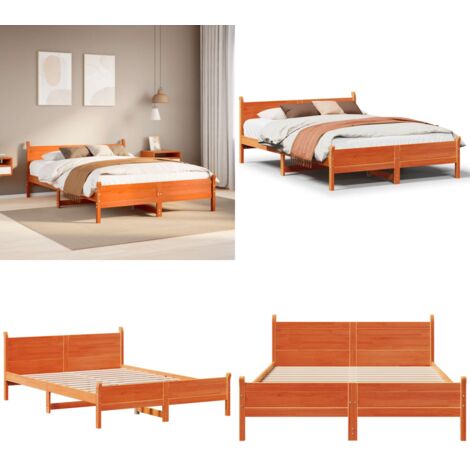 Cama sin colchón madera maciza de pino marrón cera 140x190 cm - Madera maciza - Cama de pino