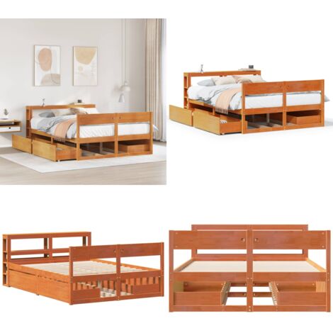 Cama sin colchón madera maciza de pino marrón cera 140x200 cm - Cama de madera - Cama de pino