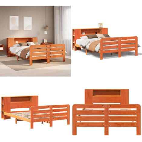 Cama sin colchón madera maciza de pino marrón cera 140x200 cm - Cama de madera - Cama de pino
