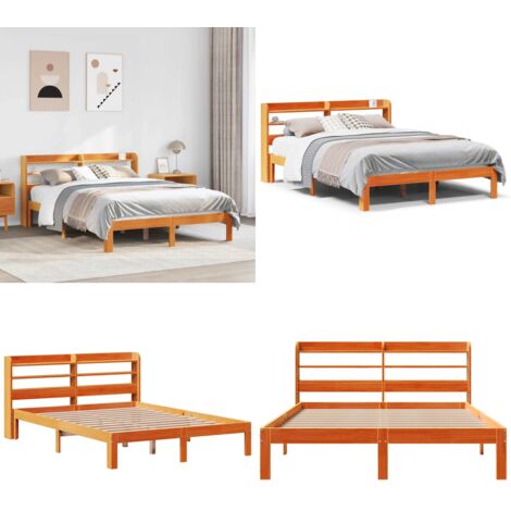 Cama sin colchón madera maciza de pino marrón cera 140x200 cm - Madera maciza - Cama de pino