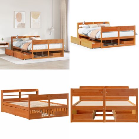 Cama sin colchón madera maciza de pino marrón cera 160x200 cm - Cama de madera - Cama de pino