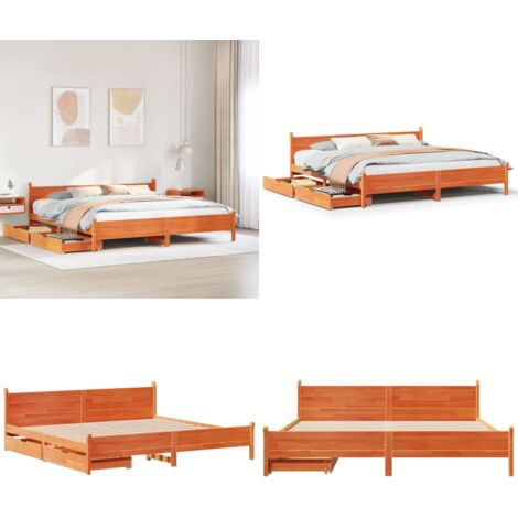 Cama sin colchón madera maciza de pino marrón cera 200x200 cm - Cama de madera - Cama de pino
