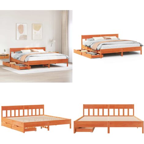 Cama sin colchón madera maciza de pino marrón cera 200x200 cm - Cama de madera - Cama de pino