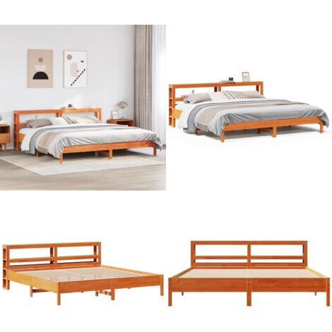 Cama sin colchón madera maciza de pino marrón cera 200x200 cm - Cama de madera - Cama de pino