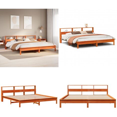 Cama sin colchón madera maciza de pino marrón cera 200x200 cm - Madera maciza - Cama de pino