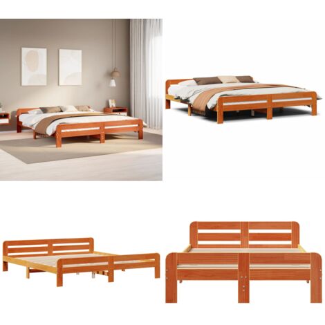 Cama sin colchón madera maciza de pino marrón cera 200x200 cm - Madera maciza - Cama de pino