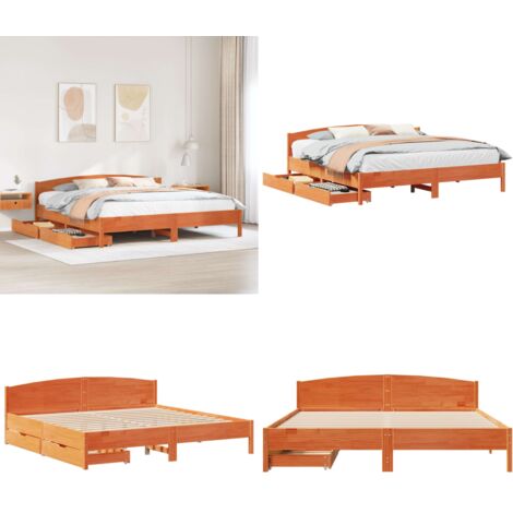 Cama sin colchón madera maciza de pino marrón cera 200x200 cm - Madera maciza - Cama de pino