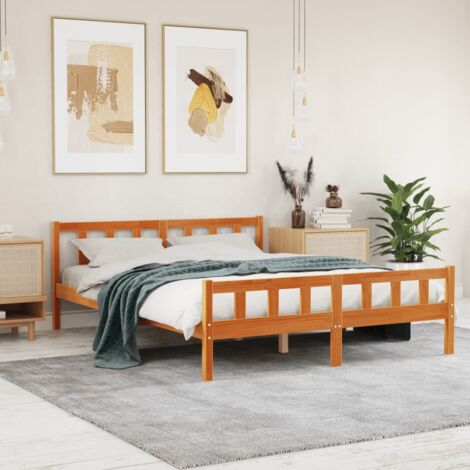 Cama sin colchón madera maciza pino marrón cera 150x200 cm
