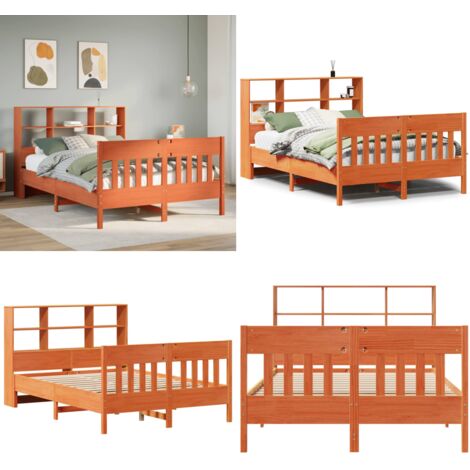 Cama sin colchón madera maciza pino marrón cera 150x200 cm - Madera maciza - Cama de pino