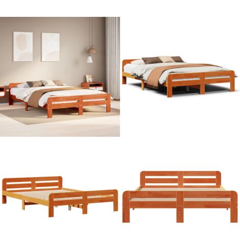 Cama sin colchón madera maciza pino marrón cera 150x200 cm - Madera maciza - Cama de pino