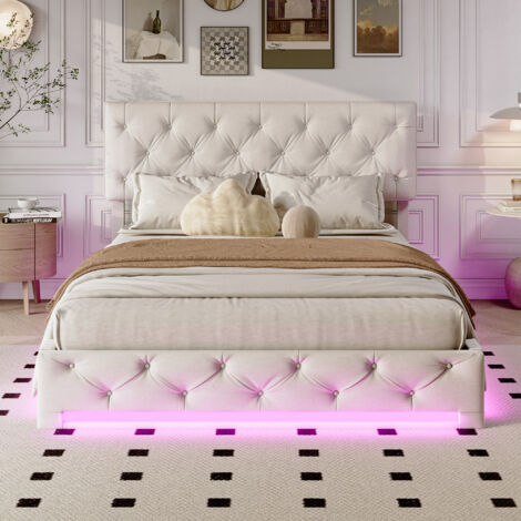 Cama tapizada 140 x 200 cm, Cama doble con LED, Canapé hidráulico, Cabecero regulable en altura, Cama estilo europeo, Linne, Beige