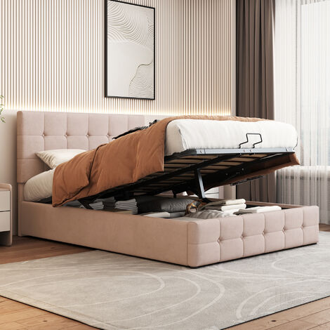Cama tapizada 140x200, cama doble con cama elevable hidráulicamente, espacio de almacenamiento, cabecero tapizado regulable en altura, somier de láminas de metal, cama doble de terciopelo agradable pa