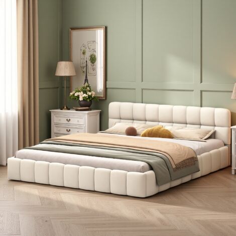 Cama tapizada 140x200 cm, Diseño de colchón encastrado, Cama juvenil, Cama de matrimonio con respaldo suave, Cama plana con borde tapizado, Lino, Beige