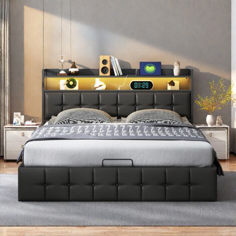 Cama tapizada 160x200cm, cama doble para adultos, cama con almacenamiento hidráulico, cabecero con LED y puerto de carga, cama funcional, PU negro