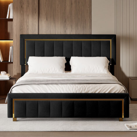 Cama tapizada 160x200cm, camas canapé, cama funcional hidráulica, cama doble, gran espacio de almacenaje, acabado franela, color negro