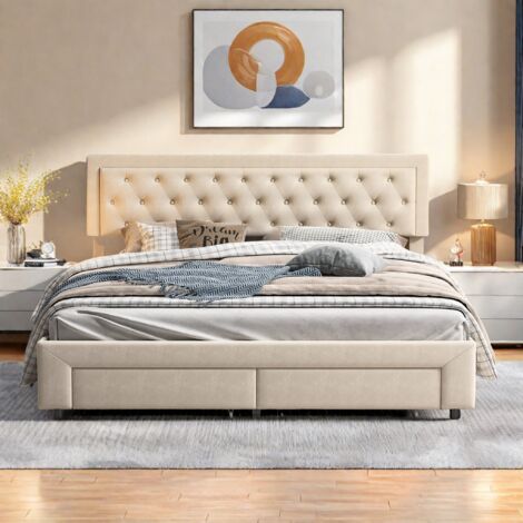 Cama tapizada 180 x 200 cm, Cama con almacenaje y cajones, Cama doble, Somier de láminas, Láminas de madera, Gran espacio de almacenaje, Terciopelo, Beige