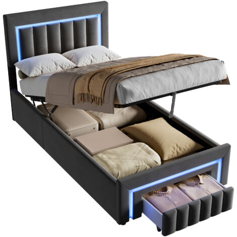 Cama tapizada 90x190 cm, Tejido velour, Almacenamiento hidráulico y luz LED, Base de listones incluida, Gris