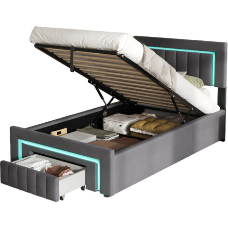 Cama tapizada 90x200 cm, Tejido velour, Almacenamiento hidráulico y luz LED, Base de listones incluida, Gris