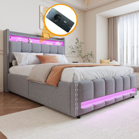 Cama tapizada con almacenamiento, 140x200 cm, con LED y USB, cama doble hidráulica para adultos, somier de láminas, ropa de cama gris claro