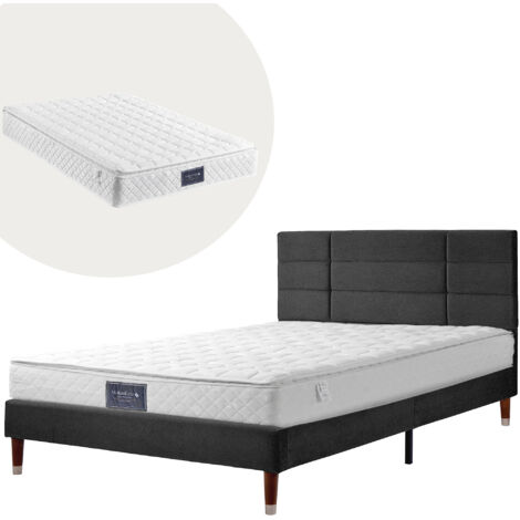Cama tapizada de 140x200 cm con estructura de cama tapizada con cabecero de madera maciza, tapizado de lino negro, adecuada para adultos y adolescentes (con colchón sommier).