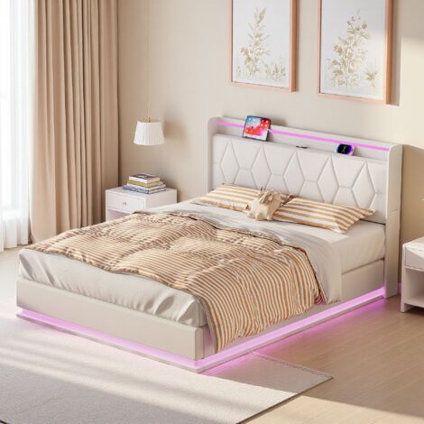 Cama tapizada de 160 x 200 cm, cama continental, hidráulica con espacio de almacenamiento, estructura de cama doble con iluminación LED y estación de carga USB, tela de franela, color blanco.