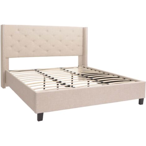 Cama tapizada de 180x200 cm en tela beige crema con somier de láminas estructura de madera maciza cabecero capitoné de estilo clásico 040010071