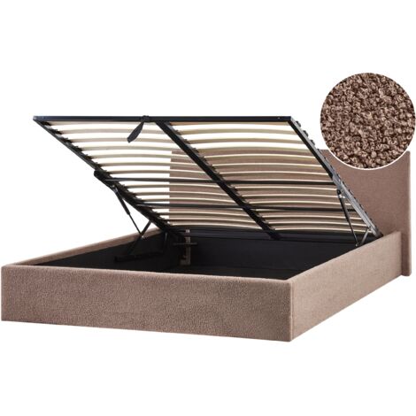 Cama tapizada de bouclé 180 x 200 cm con cabecero almacenaje elevable marrón Orbey