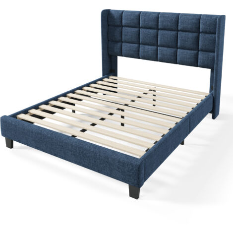 Cama tapizada de lino azul, 140x200 cm, con somier tapizado, firmeza media, apta para adultos y adolescentes (colchón no incluido)