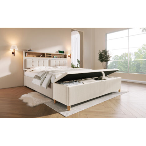Cama tapizada de lino beige 140x200 cm con almacenaje, USB/Type-C, cabecero ajustable y banco arcón