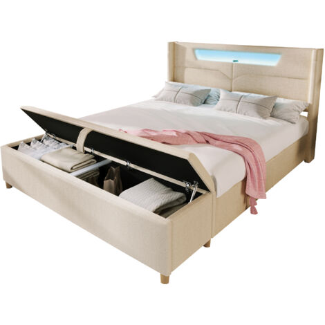 Cama tapizada de lino beige 140x200 cm con LED, USB y almacenaje + banco de cama de pana beige con arcón