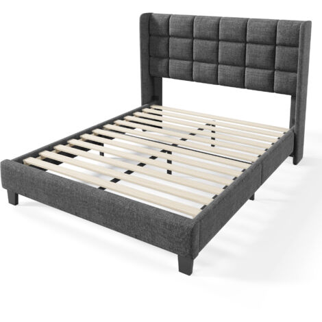 Cama tapizada de lino gris, 140x200 cm, con somier tapizado, firmeza media, apta para adultos y adolescentes (colchón no incluido)
