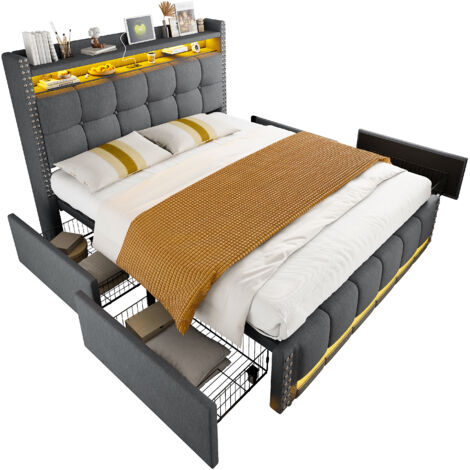 Cama tapizada de lino gris 160x200 cm con LED, USB, almacenaje en cabecero y 4 cajones