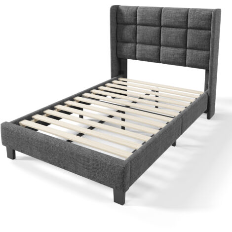 Cama tapizada de lino gris, 90x200 cm, con somier tapizado, firmeza media, apta para adultos y adolescentes (colchón no incluido)