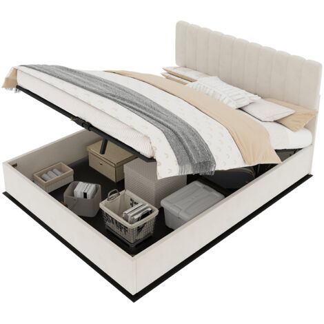 Cama tapizada de tela beige 140x200 cm con estructura de metal, somier incluido