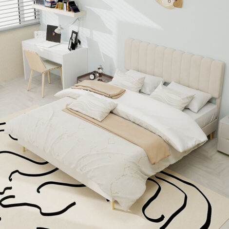 Cama tapizada de tela beige con estructura metálica 140x200 cm, cabecero acolchado, sin colchón