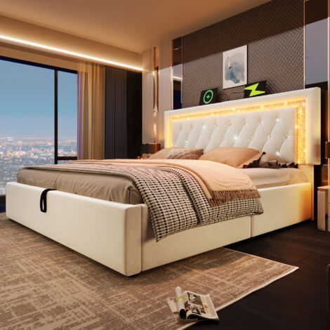 Cama tapizada de terciopelo beige 140x200 cm con colchón, LED, almacenaje hidráulico y USB/Type-C
