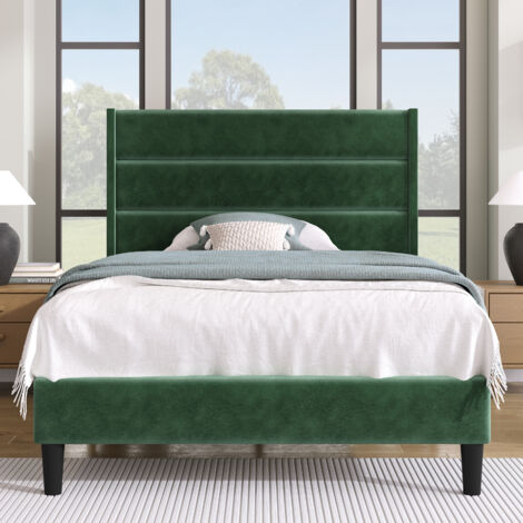 Cama tapizada de terciopelo verde oscuro 90x200 cm con cabecero, somier de láminas y colchón H3 incluidos