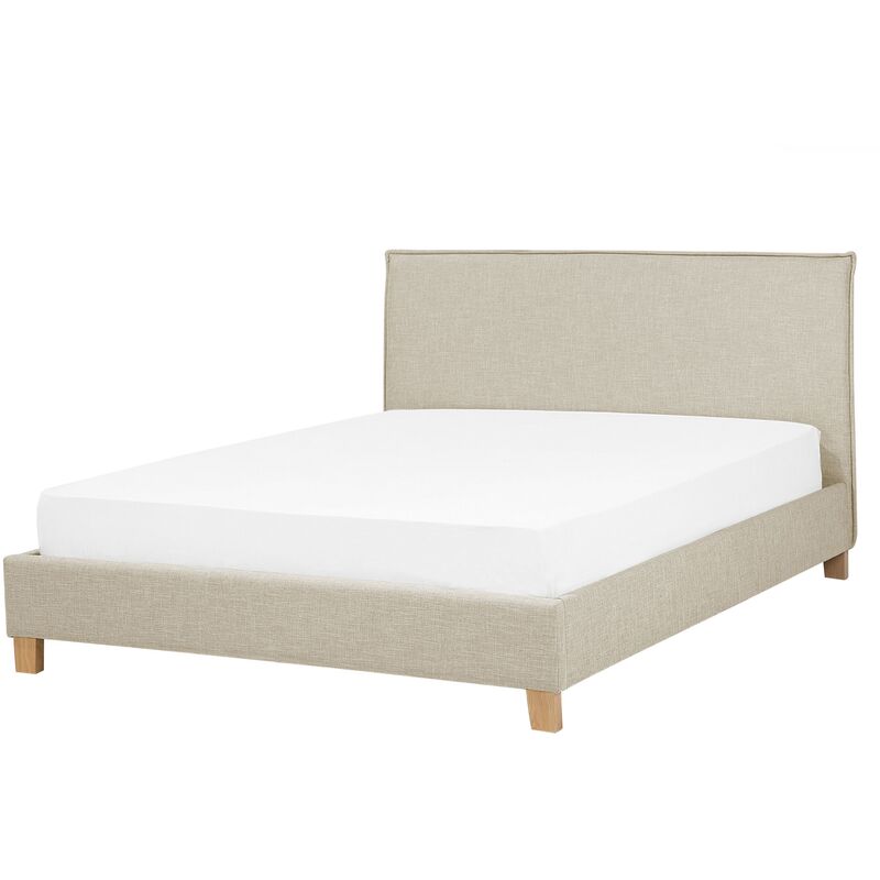 Marco de cama tapizado en tela beige con patas de madera 160 x 200 cm listones cabecero minimalista estilo escandinavo Sennez