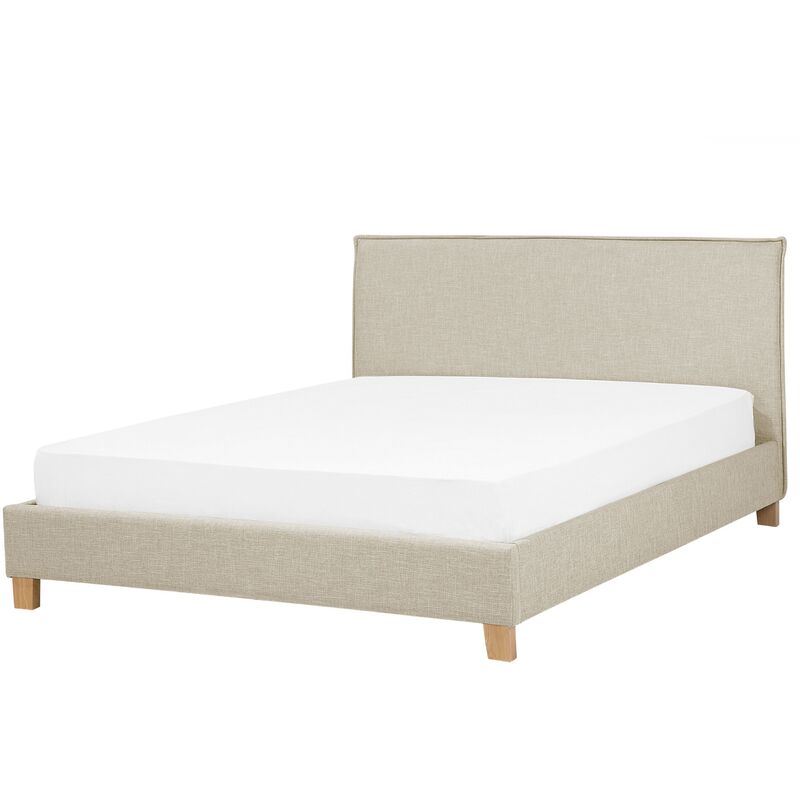 Marco de cama tapizado en tela beige con patas de madera 180 x 200 cm listones cabecero minimalista estilo escandinavo Sennez