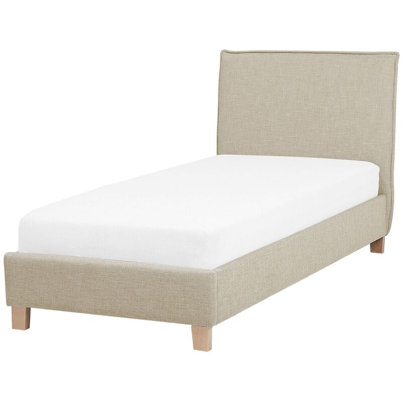 Marco de cama tapizado en tela beige con patas de madera 90 x 200 cm listones cabecero minimalista estilo escandinavo Sennez