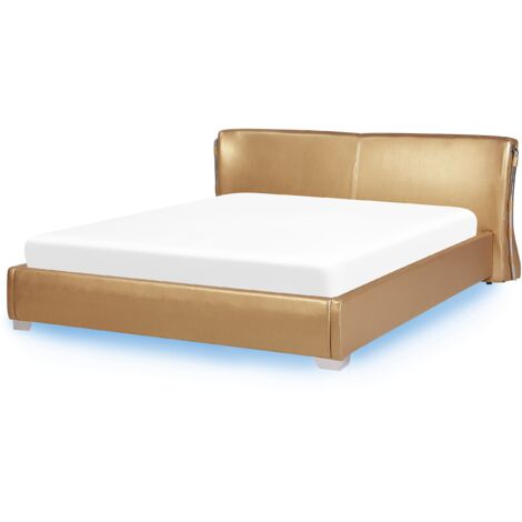 Cama tapizada en piel dorada con somier y luces LED 180 x 200 cm diseño moderno Paris