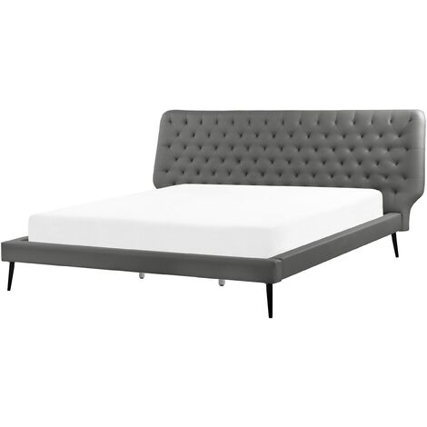 Cama tapizada en piel sintética gris 160 x 200 cm diseño moderno cabecero acolchado Essonne